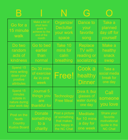 North Country Wellness Challenge Bingo Card