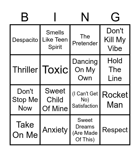 KBM Music Bingo Card