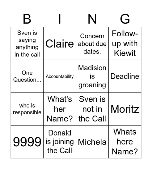Kiewit Cadence Bullshit Bingo Card