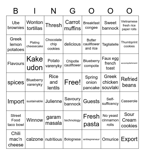 Foods Level 1-4 Bingo Card