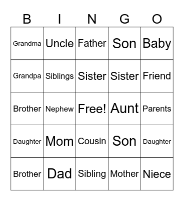 Family Names Bingo Card