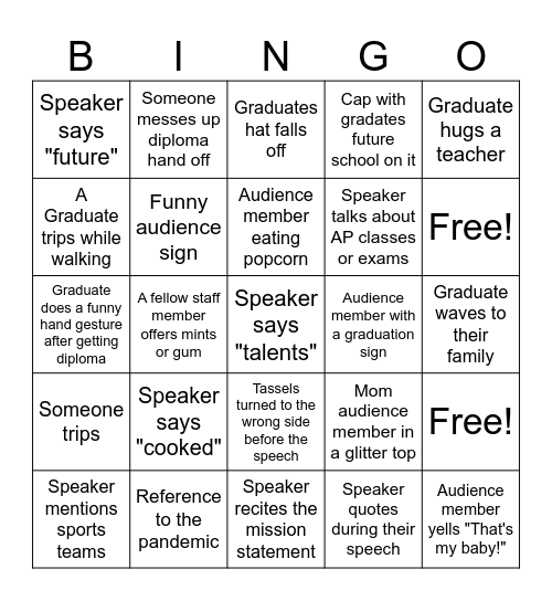 Graduation Bingo Card