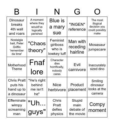 Jurassic World Fallen Kingdom Jay Bingo Card