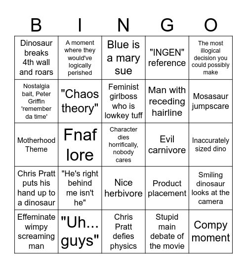 Jurassic World Fallen Kingdom Jay Bingo Card