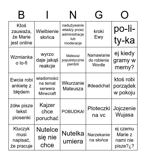 Miodzikowe Bingo Card