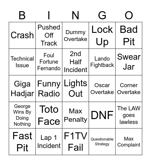 Aw sure, bud, let's go racing in Canada. Bingo Card