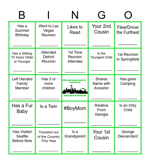 GET TO KNOW THE WHITE FAMILY Bingo Card
