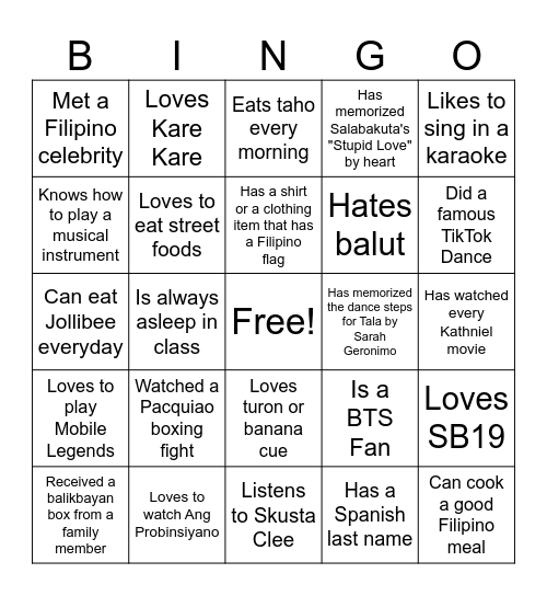 Ultimate Filipino Human Bingo Card
