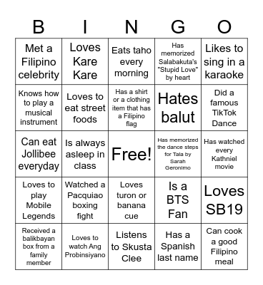Ultimate Filipino Human Bingo Card