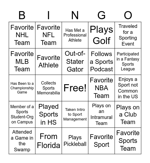 Sports Bingo Card