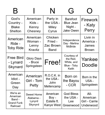 4th of July Music Bingo Card