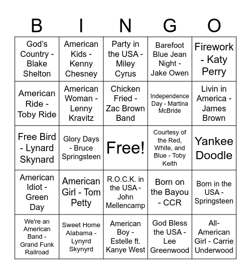 4th of July Music Bingo Card