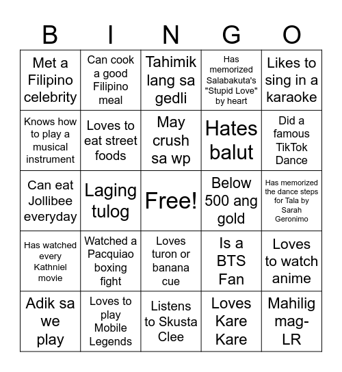 Ultimate Filipino Human Bingo Card