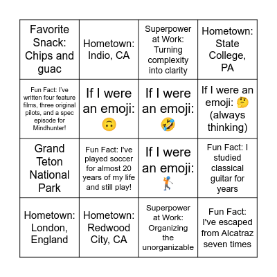 New Hire Bingo Card