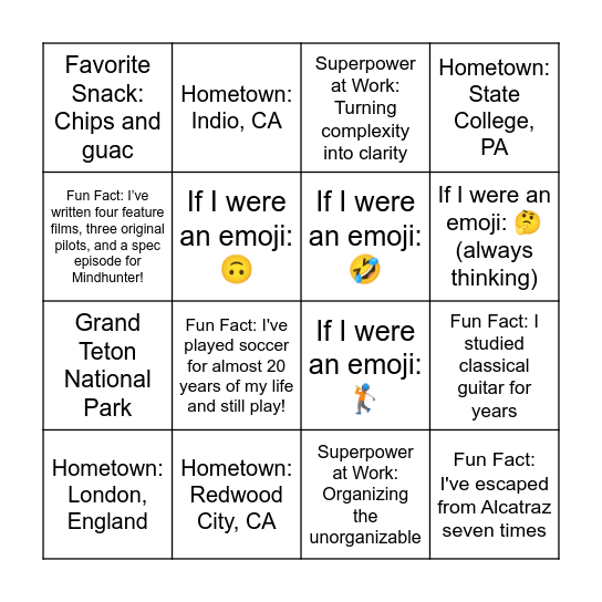 New Hire Bingo Card