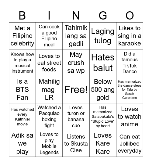 Ultimate Filipino Human Bingo Card