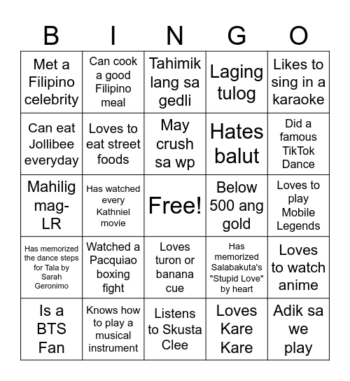 Ultimate Filipino Human Bingo Card