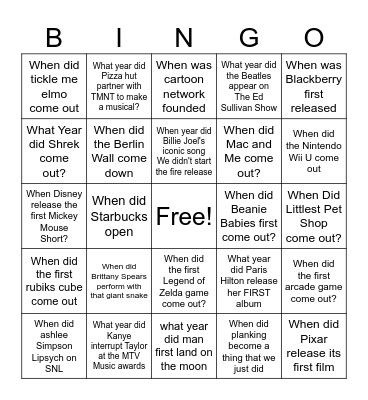 When did things come out: The gameshow that is sweeping the clinic Bingo Card