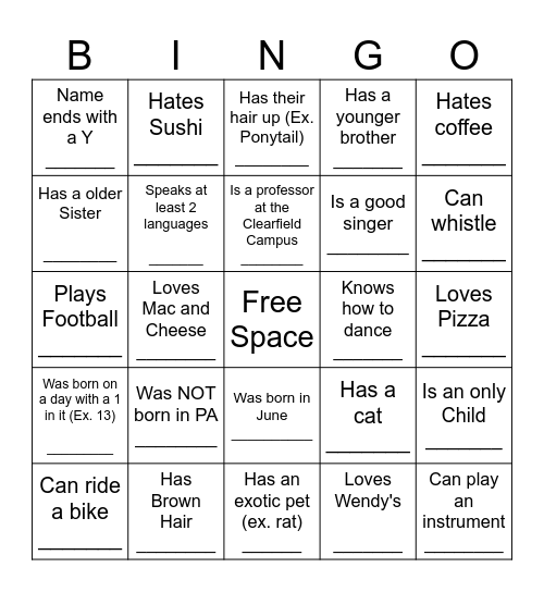 YOUTH HUMAN BINGO Card