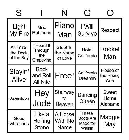 Singo: 60's-70's Edition Bingo Card