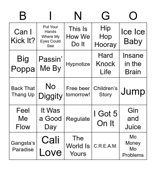 90's Hip Hop Hits Bingo Card