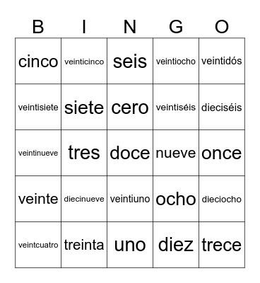 Numeros 0-30 Bingo Card