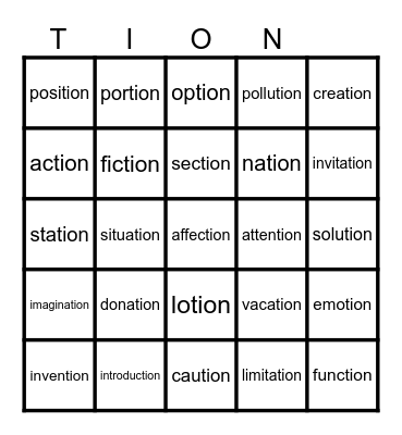 -tion words Bingo Card