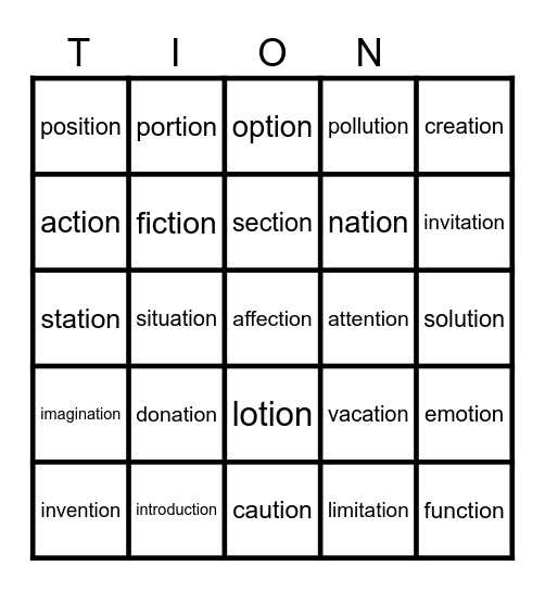-tion words Bingo Card