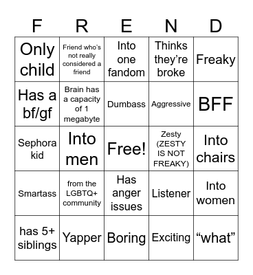 Type of Friends Bingo Card