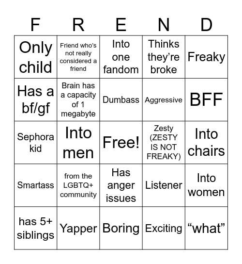Type of Friends Bingo Card