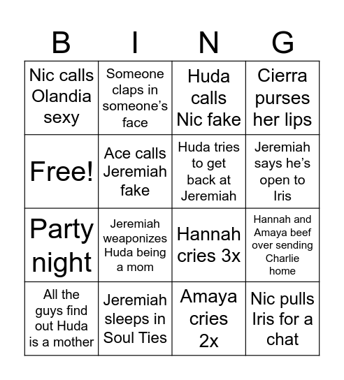 Love Island Bingo Card