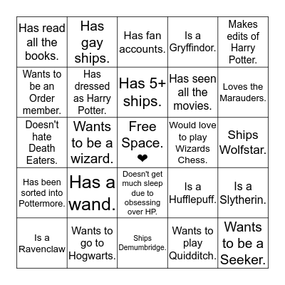 Potterhead Bingo Card