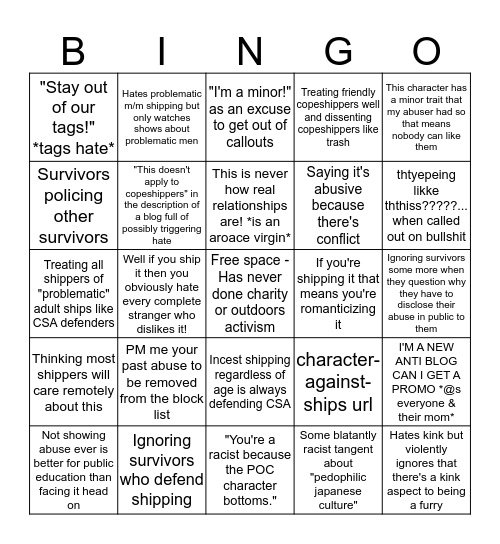 Anti-Shipper Bingo Card