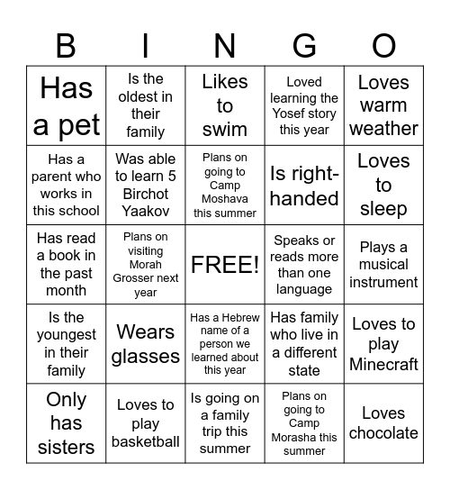 New Student Bingo Card