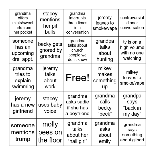 Family Bingo Card