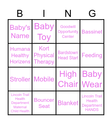 Nelson County Community Baby Shower Bingo Card