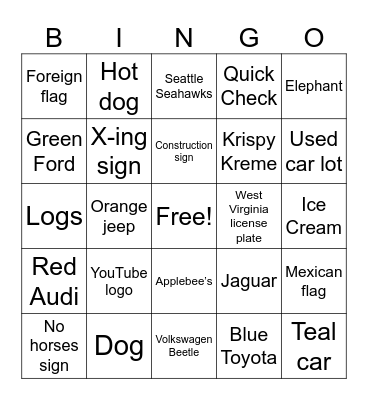 Road Trip Bingo Card
