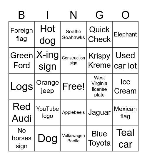 Road Trip Bingo Card