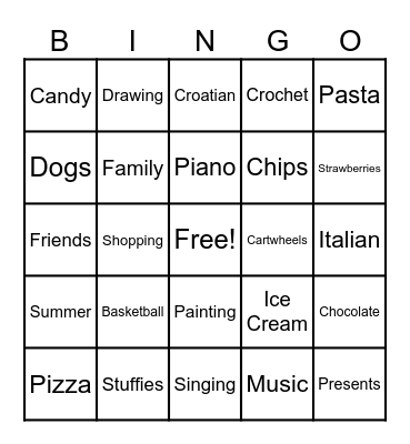 Willow's Birthday Bingo Card