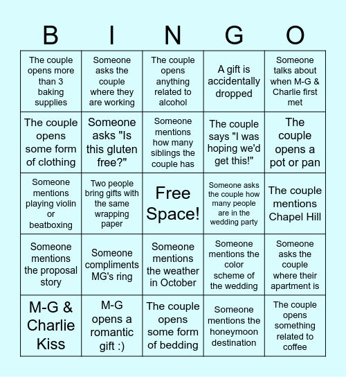 M-G & Charlie's Couples Shower Bingo Card