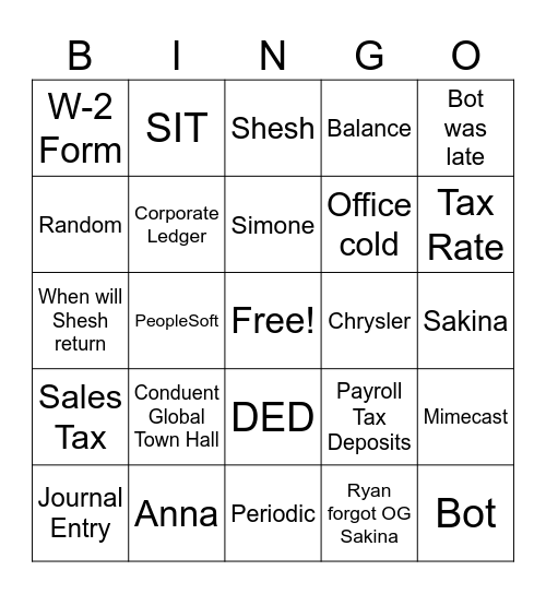 Taxes Bingo Card