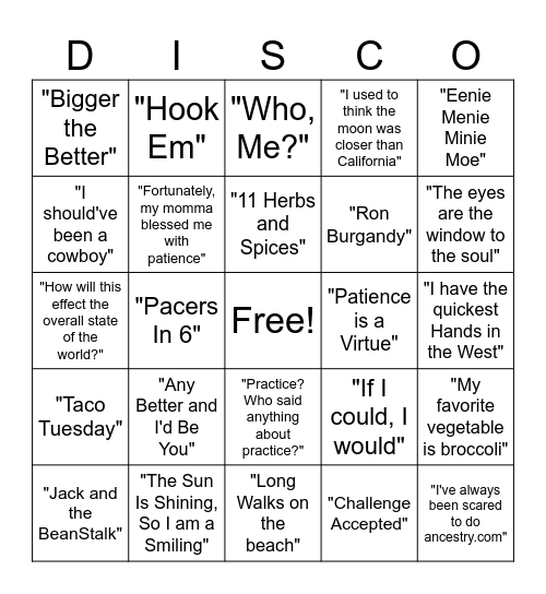 Disco Bingo Card