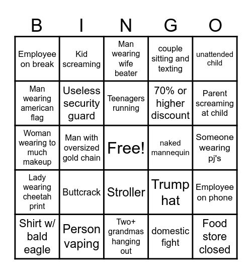Mall Bingo Card