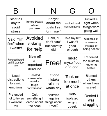 Self Sabotaging Bingo Card