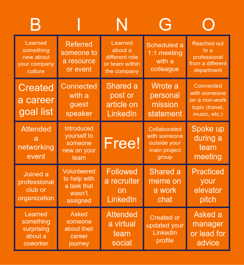 Networking Workshop Bingo Card