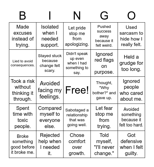 Self Sabotage Bingo Card
