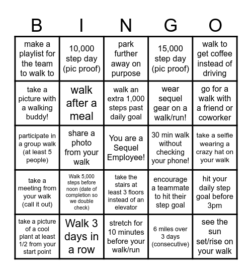 Step Challenge Bingo Card