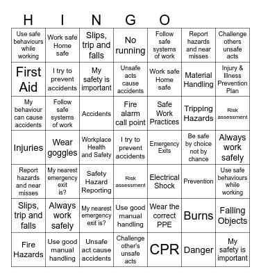Health and Safety Bingo Card