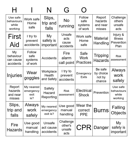 Health and Safety Bingo Card