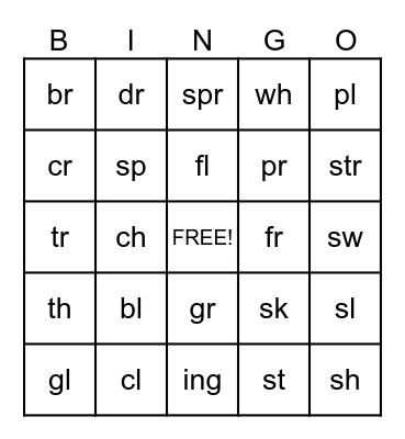 Blends and Diagraphs Bingo Card